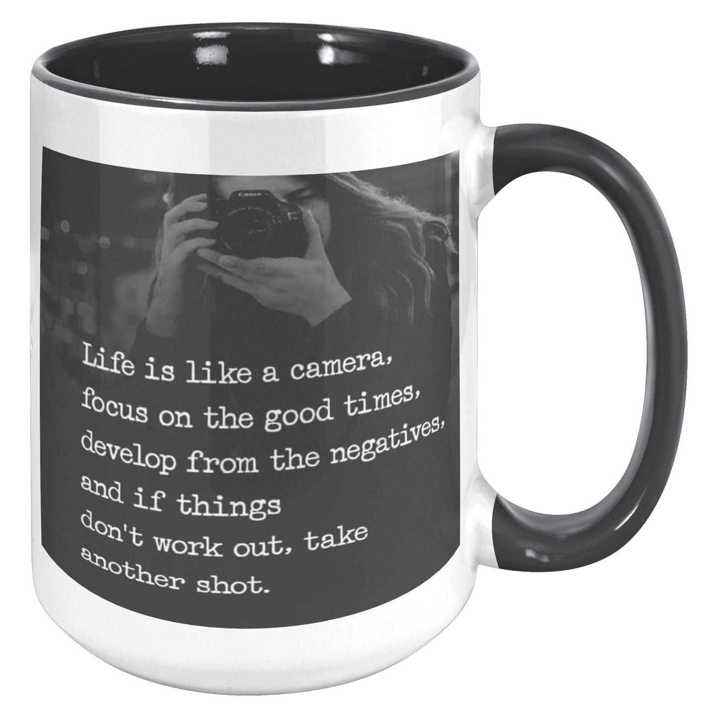 Life is like Camera, focus on the good times, Mug