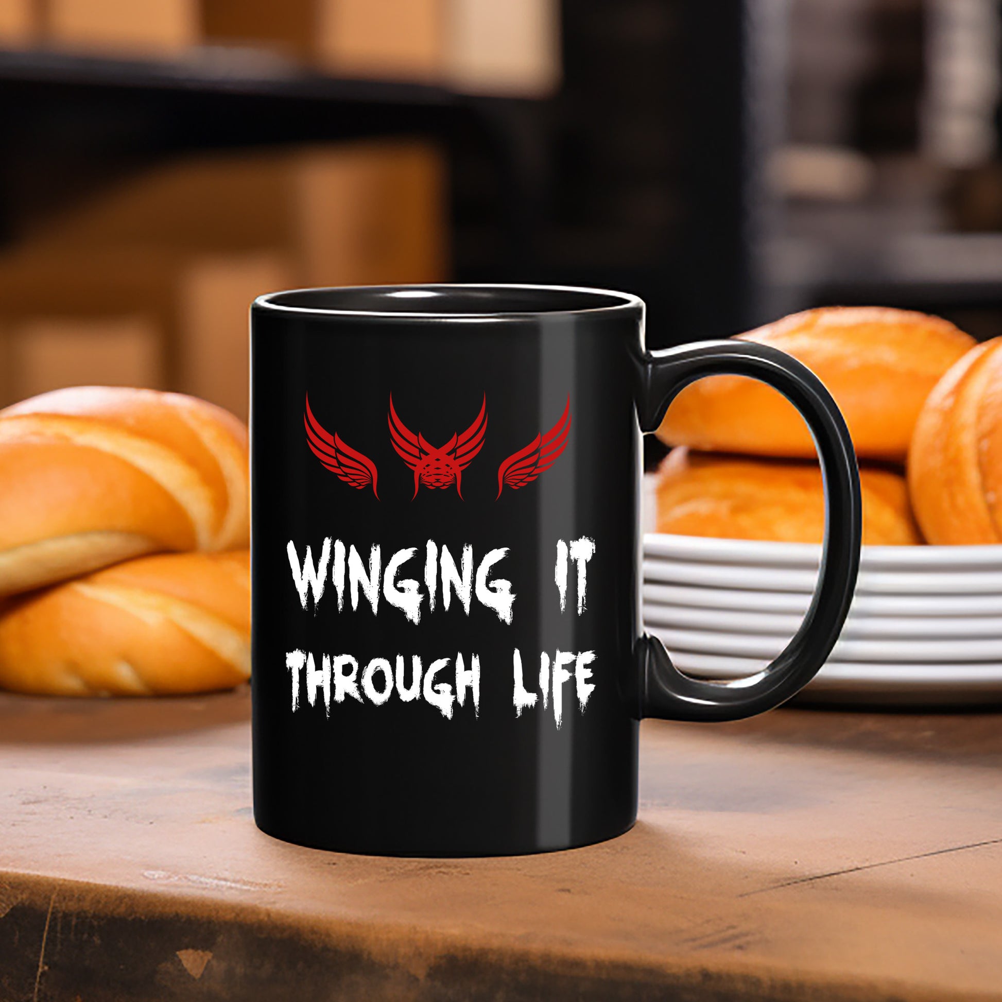 Winging it through life Black Mug 11oz