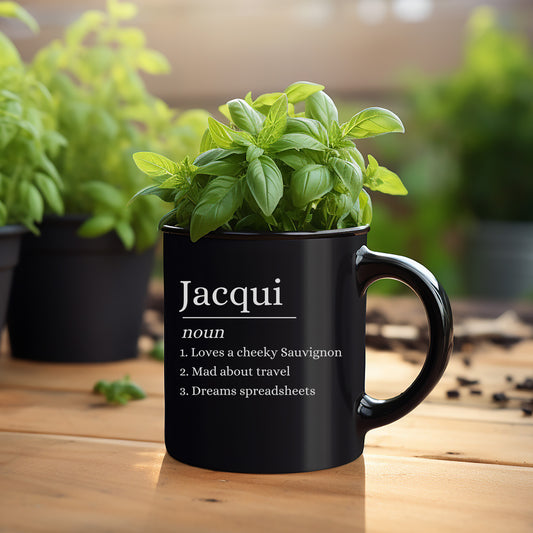 Jacqui Noun Black Mug