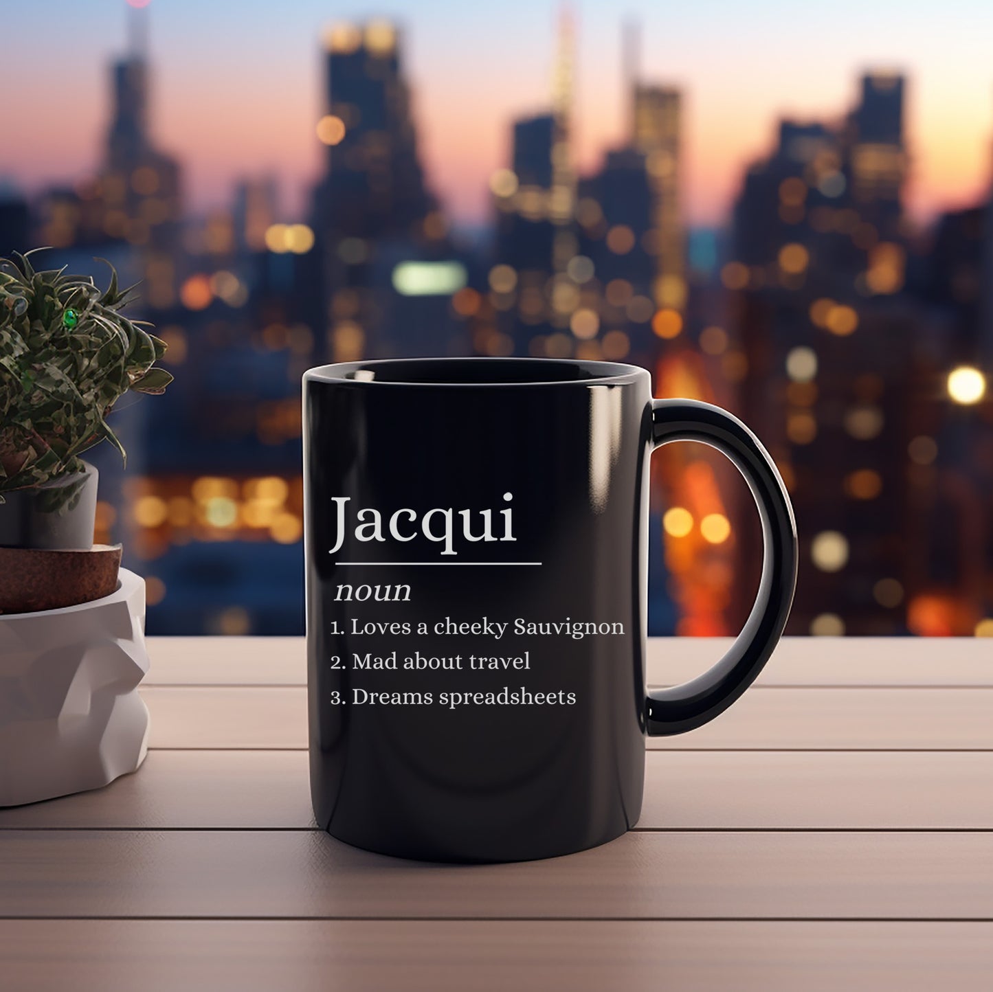 Jacqui Noun Black Mug