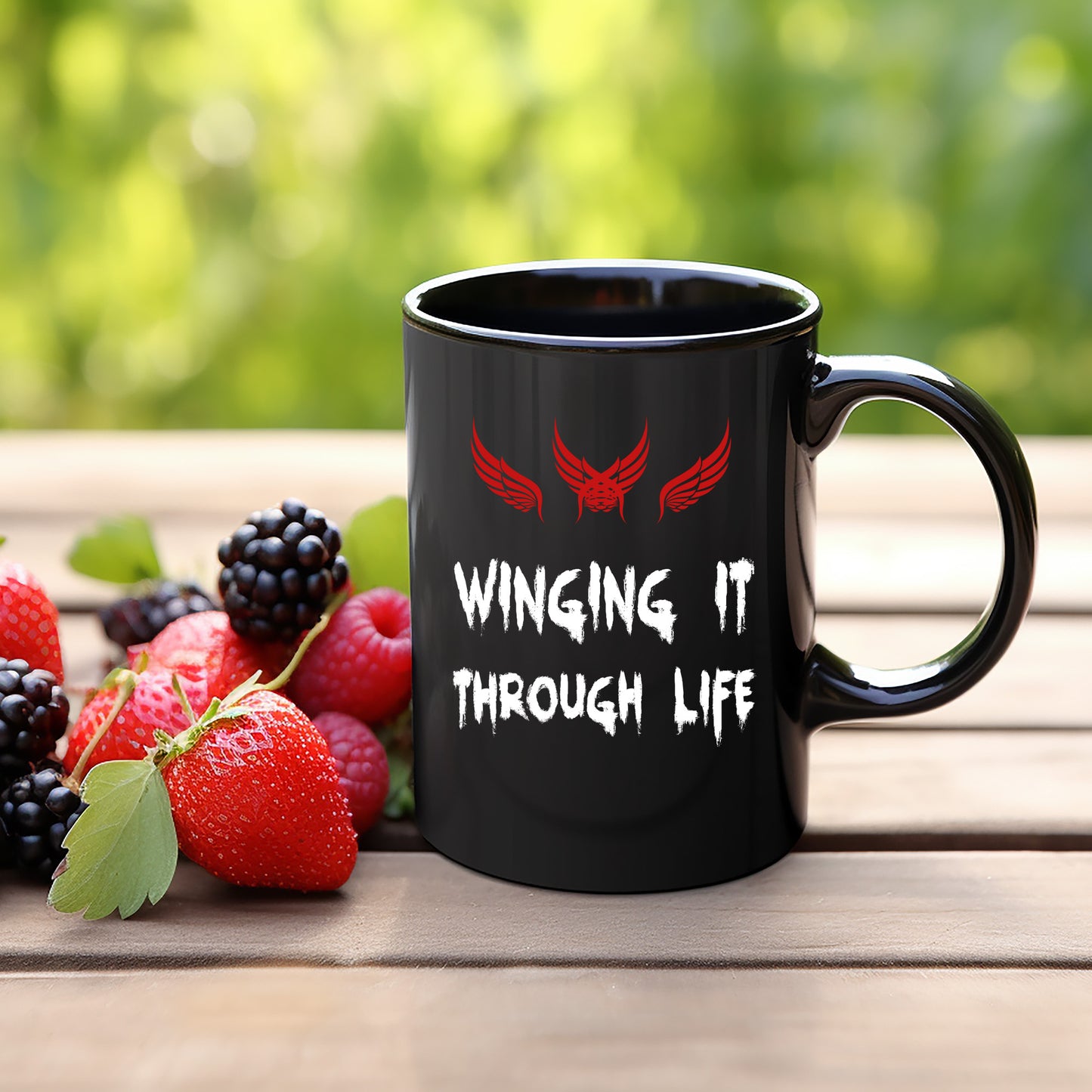 Winging it through life Black Mug 11oz