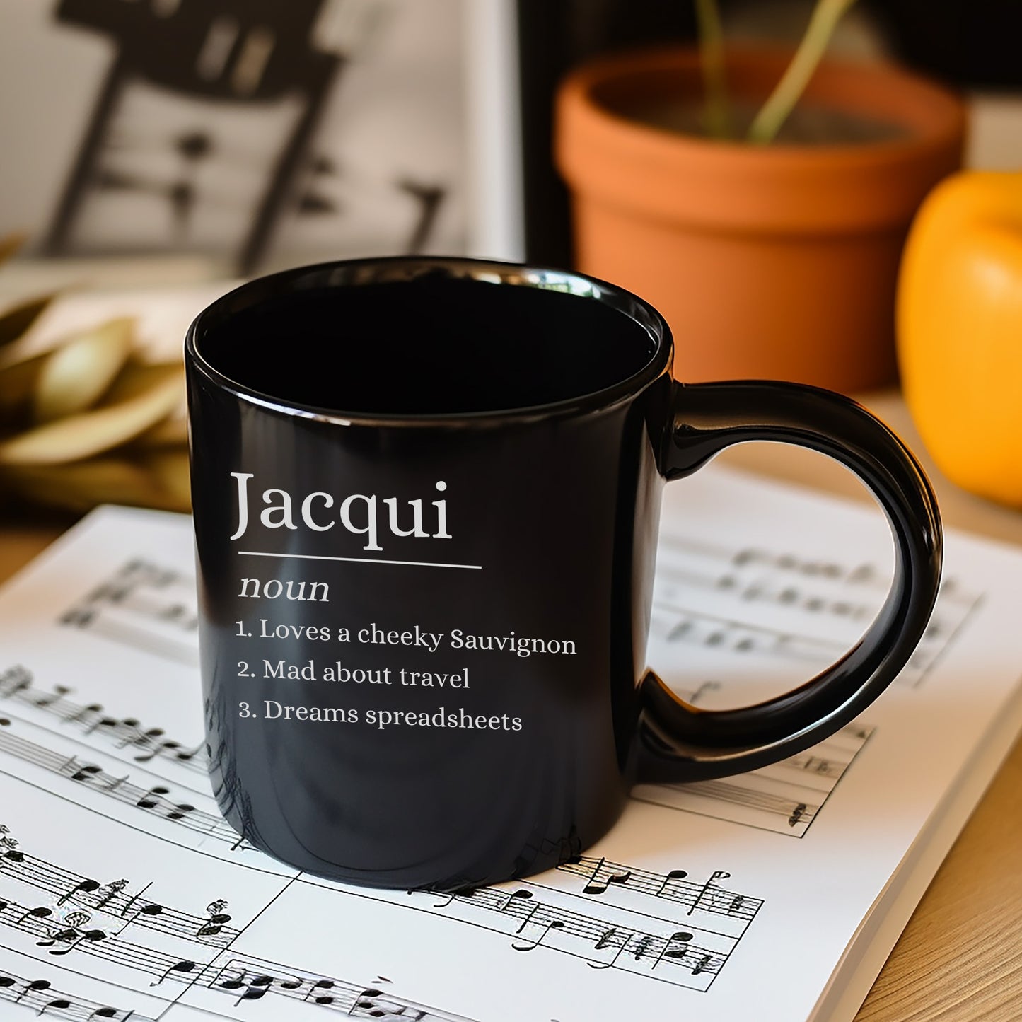 Jacqui Noun Black Mug