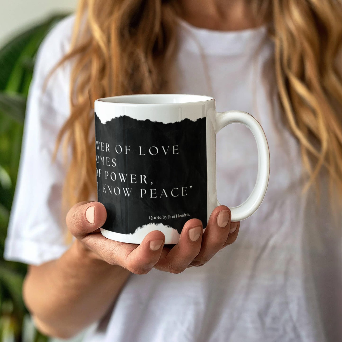 When the power of love overcomes the love of power, the world will know peace quote by Jimi Hendrix. Mug, (11oz)