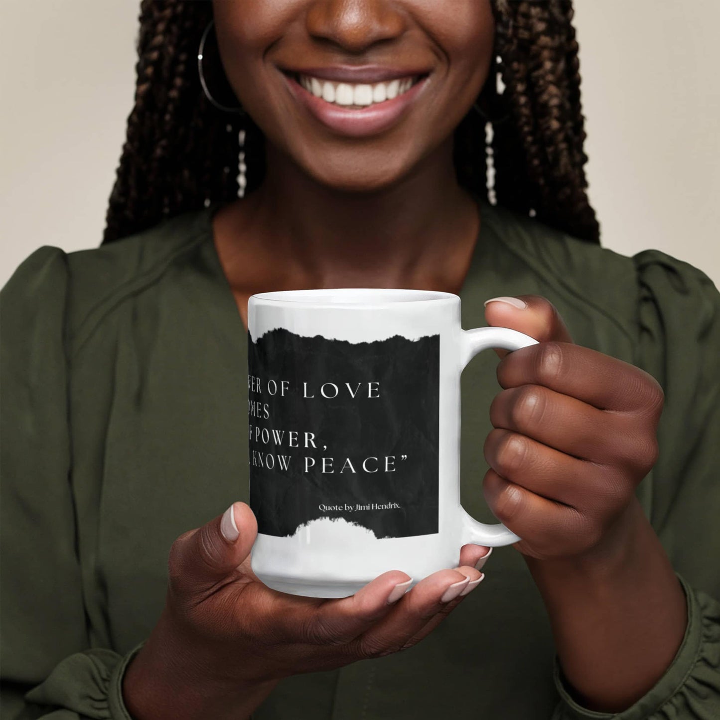 When the power of love overcomes the love of power, the world will know peace quote by Jimi Hendrix. Mug, (11oz)