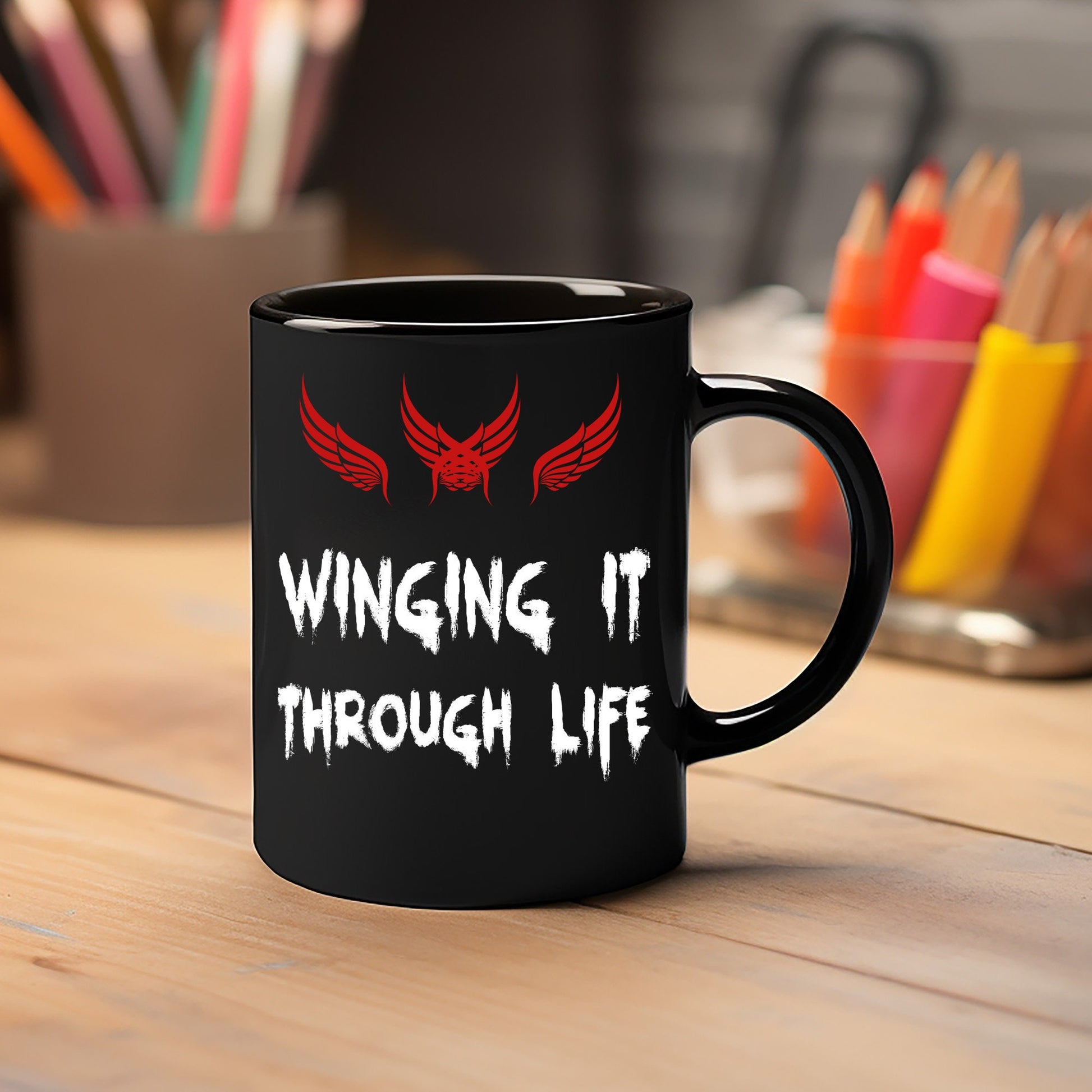 Winging it through life Black Mug 11oz