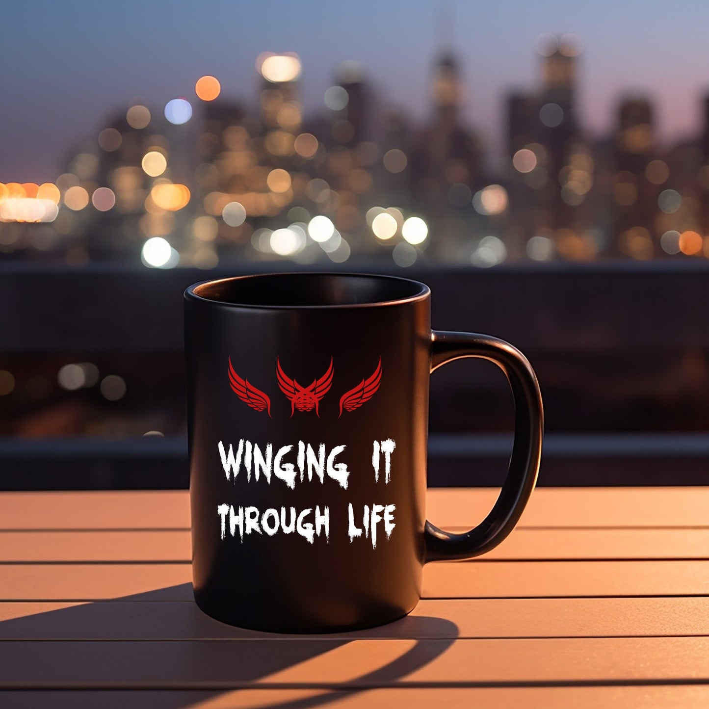 Winging it through life Black Mug 11oz