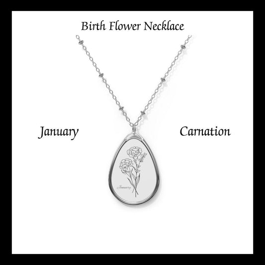 January, Birth Flower, Carnation, Oval Necklace  birthday gift, flower necklace, for best girlfriend,  born in January.