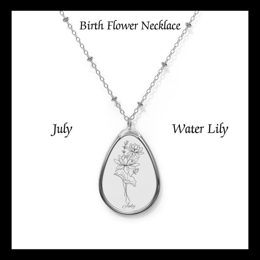 July  Birthday , Oval Necklace, Birth Flower, Water Lily, birthday gift,Sterling Silver, necklace, flower necklace, girlfriend,Oval Necklace