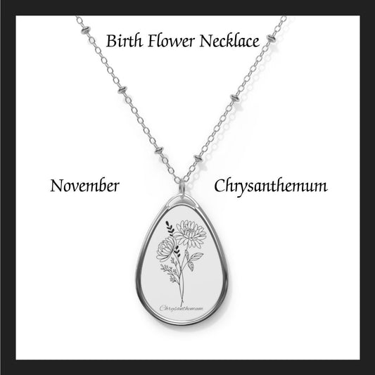 ovember Birthday , Oval Necklace, Birth Flower, Chrysanthemum , birthday gift, Sterling Silver, flower necklace, girlfriend,Oval Necklace