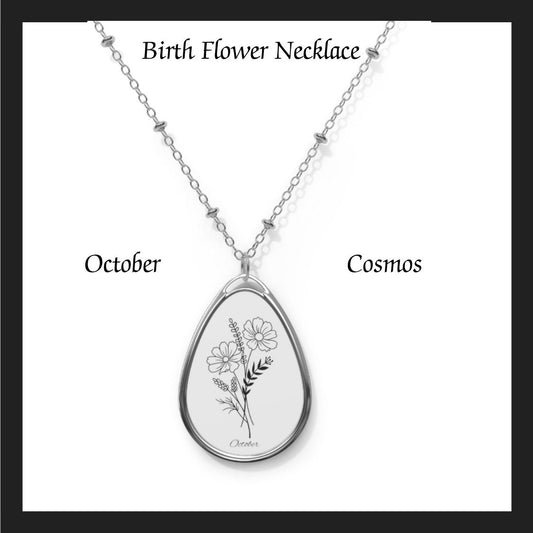 October Birthday , Oval Necklace, Birth Flower, Cosmos , birthday gift, Sterling Silver, flower necklace, girlfriend,Oval Necklace