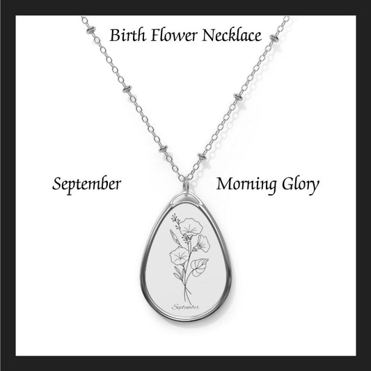 September  Birthday , Oval Necklace, Birth Flower, Morning Glory , birthday gift,Sterling Silver, flower necklace, girlfriend,