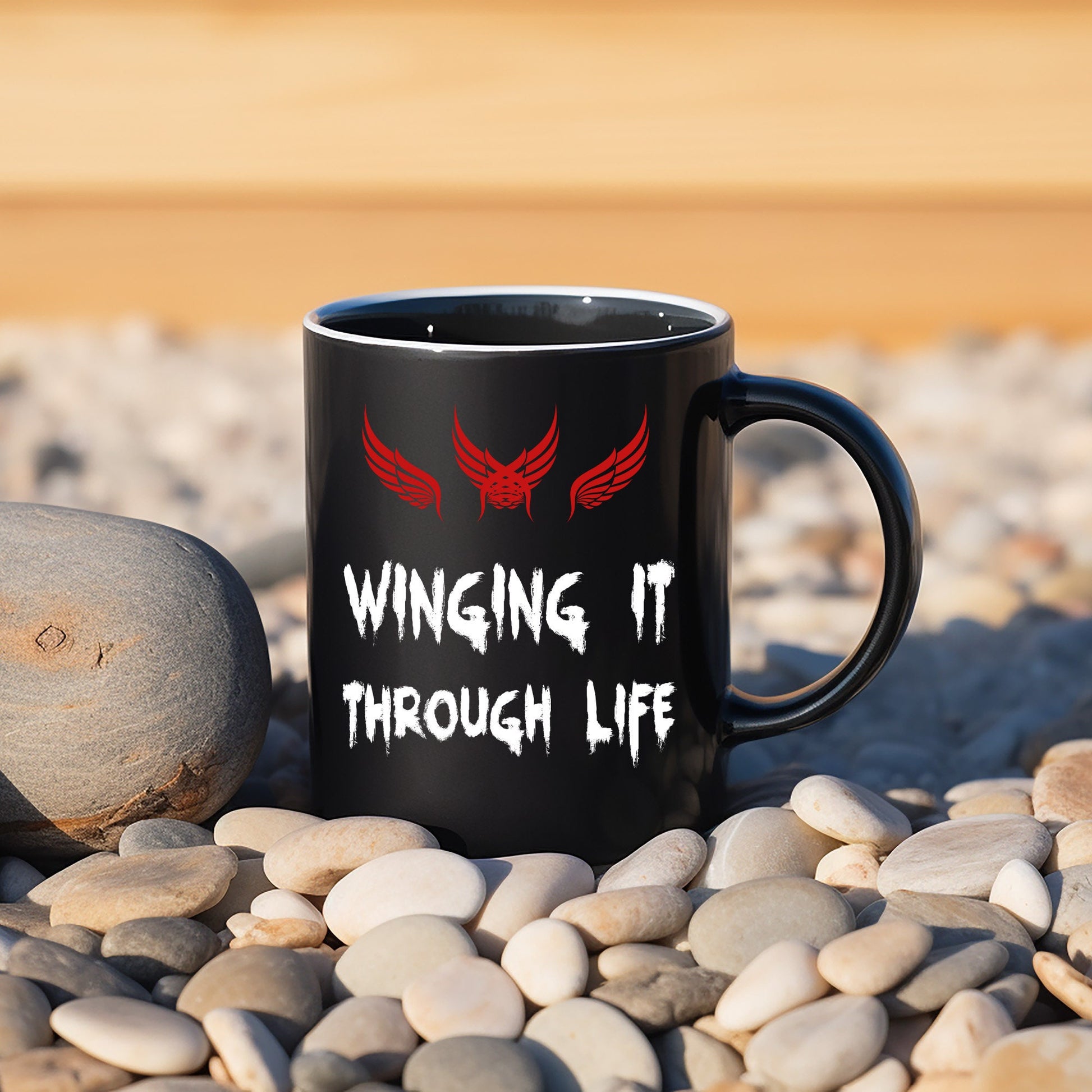 Winging it through life Black Mug 11oz